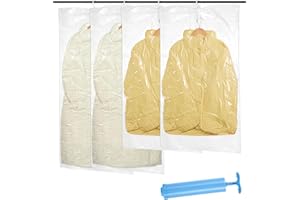 TIDEVAN Sacs de Rangement sous Vide Suspendus pour Vêtements,à Suspendre Sacs de Rangement sous Vide 4 paquets (2 longs 145x70cm et 2 courts 110x70cm)+Pompe Manuelle pour Costumes Manteaux ou Vestes