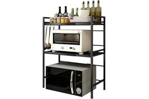DDMINE Ausziehbares Mikrowellenregal, Halterung für Küchenregal, Mikrowelle, ausziehbar, mit 3 Ebenen, Karbonstahl, mit 3 Haken (3 Ebenen, schwarz)