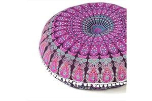 AVA COLLECTIONS 55 cm runder Mandala-Bodenkissenbezug, Meditationskissen, Sofa, Sitz, Überwurf, Hippie, rund, dekorativ, Bohemian-Boho-Chic, indischer Pouf, Bezug (Mandala-Lila)