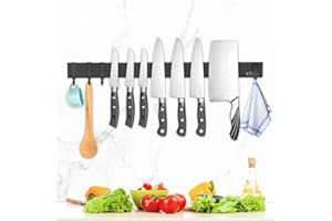 Dmore 50 cm Magnetic Strip Knife with 4 Hooks, Black Knife Holder, Magnetic No Drilling, Powerful Magnetic Knife Holder, Includes Adhesive Tape and Screws for Knives, Utensils and Tools