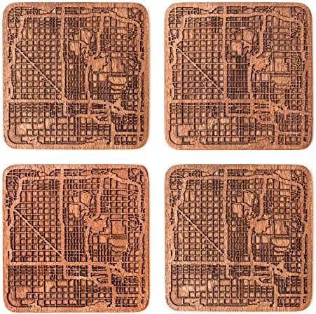 Phoenix Map Coaster, Set of 4, Sapele Wooden Coaster with City Map, Handmade