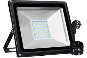 papasbox Reflektor LED, 50 W, reflektor zewnętrzny, IP65, wodoszczelny, aluminium, ciepła biel 3000 K, wtyczka UE, idealna lampa ścienna do ogrodu, garażu, na boisko sportowe
