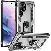 Elfia Samsung Galaxy S22 Ultra ile Uyumlu Kılıf Silikon Ara&ccedil; Tutucu i&ccedil;in Mıknatıslı Y&uuml;z&uuml;kl&uuml; Standlı Darbe Korumalı Tank İnce 