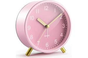 Jisile Réveil analogique rose pour filles, silencieux, sans tic-tac – Horloge de bureau avec veilleuse, jolie horloge en métal pour chambre à coucher, femmes et adolescentes (rose)