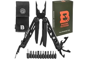 Badger Outdoor Solid Black Multitool 16w1 - Nóż Wielofunkcyjny - Scyzoryk Survivalowy - Narzędzie Turystyczne z Bitami - Prezent dla Mężczyzny - Sprzęt do Wędrówek, Campingu i Survivalu