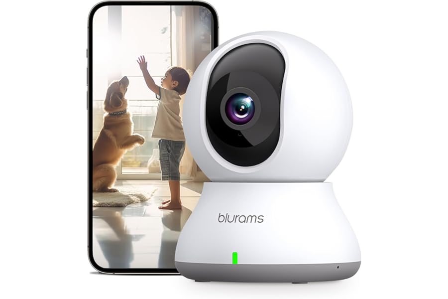 blurams Indoor Wi-Fi Camera, 2K Surveillance Camera, 360° Rotation, Night Vision, Motion Tracking, 2.4 GHz / 5 GHz, Two-Way Audio Compatible with Alexa