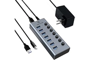 7 Ports Hub USB Alimenté, HOPDAY Hub USB 3.0 avec commutateurs individuels LED avec Adaptateur d'alimentation Câble Long de 1m pour MacBook, Surface, Dell, Ordinateur Portable, PC, HHD, SSD