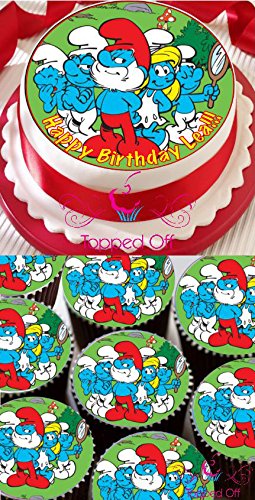 Tortenaufsatz Die Schlümpfe 1 x 19.1cm & 12 x 3.8cm Rund Schmelzglasur Essbarer Kuchenaufsatz Bedruckt mit Benutzerdefinierten Gruß (Geburtstag Packung)