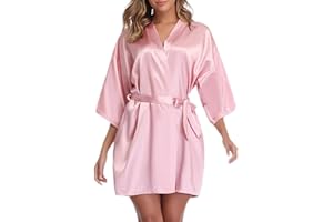 Vlazom Kimono in Raso da Donna Accappatoi e Vestaglie Satin Pigiama Kimono Scollo V con Tasche Cintura per Sposa