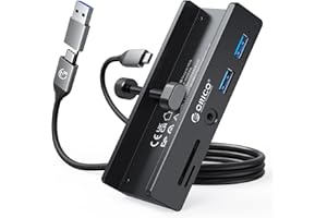 ORICO Hub USB 3.0, klips USB z czytnikiem kart SD/TF, rozdzielacz USB 5 w 1 z 2 portami USB-A 3.0, audio 3,5 mm, 5 Gb/s, rozdzielacz USB z przyłączem zasilania 5 V, do monitorów, komputerów