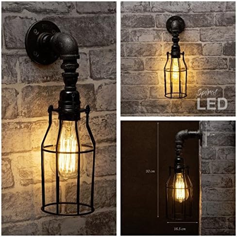 Black industrial iron pipe wall light with cage & bulb