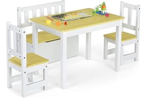 RELAX4LIFE Set 4 Pezzi Tavolo e Sedie per Bambini con Seduta con Contenitore, Tavolino Attività + 2 Sedie + Panca Portaoggetti, per Giocare, Disegnare e Mangiare (Legno+Bianco)