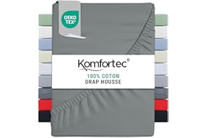 Komfortec Drap Housse Lit 140x200 cm - Jersey 100% Coton 135g/m² - Certifié Oeko-Tex - Bonnet 30 cm - Drap Lit avec Élastique pour Matelas Épais - Gris