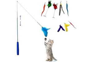 Barley Ears Feather Teaser Toys, 10 Pieces Feather Toys for Cats with Retractable Rod, Cats Angel with Bells Toy Set, Feather Toys for Cats and Pets. (Cat Wand Toy Set)