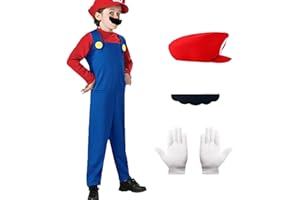 Ficlwigkis Mario Costume Kids Luigi Costume Mario Costume with Cap Beard Gloves for Kids Adults Boys Girls Halloween Cosplay