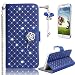 Produktbild Samsung Galaxy S5 S5 Neo i9600 GT-I9600 Samsung Galaxy S5 (SM-G900F) - S5 Neo (SM-G903F) Handyhülle Schutzhülle,Sunroyal [Strass Diamant mit Kette] PU Leder Flip Case im Bookstyle Wallet Folio Cover Ledertasche Schutzhülle Case Tasche mit Standfunktion und Karte Halter Magnetverschluss Glänzend Rhinestone Kristall Crystal Strap Chain Etui Bumper Hülle + 1 x Frei Displayschutzfolie + 1x Staub Kopfhörer Jack Zubehör Handyanhänger, Farbe Blau Blue