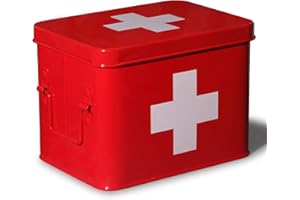 Theo&Cleo Metalowa skrzynka na lekarstwa, apteczka pierwszej pomocy, szafka na lekarstwa, w stylu retro, 22 x 16 x 16 cm, mała, czerwona