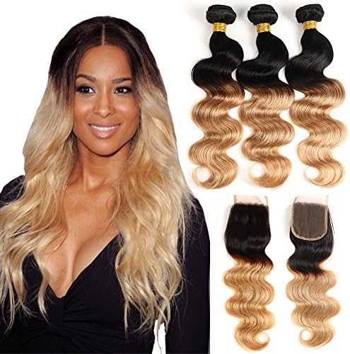 Ombre Brazilian Virgin Hair Body Wave+Lace Closure(4x4), Elees Hair Remy Human Hair 2 Tone Ombre Hair Extensions Weave Weft With Closure 7A Grade (16 18 20+14, T1B/27)