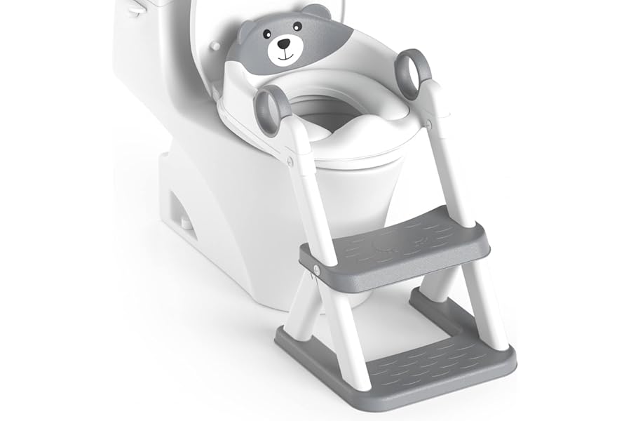 Rabb 1st Bear Potty Training Seat, Upgrade 2 in 1 Toddler Toilet Seat,Splash Guard Anti-Slip Pad Step Stool,Grey