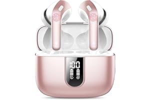 IKT Auriculares Inalámbricos Bluetooth,Auriculares Bluetooth 5.3, 4 Mic con Reducción de Ruido ENC, 50H con Graves, Cascos Inalambricos Bluetooth IP7 Impermeable, Oro Rosa Claro