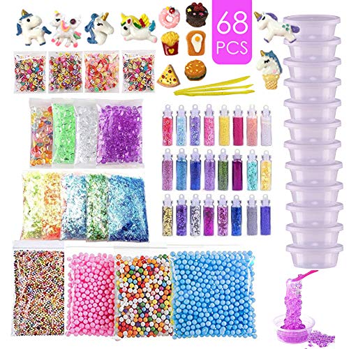 ESSENSON DIY Slime Supplies Kit für Kinder Schleim Selber Machen mit Unicorn Charms, Glitter Sheet Jars, Schaumkugeln, Fruchtscheiben, Goldfischglasperlen, Tools und Container (kein Schleim)