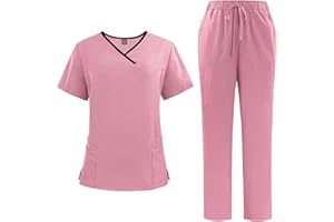Meichoon Uniformes Médicos para Mujer Traje Separado Cuello en V Top y Pantalones Jogging con Cuatro Bolsillos Color Puro Secado Rápido Uniformes Médicos DK51