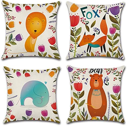 4 pcs 18 x18 Inch Cartoon Jungle Animals Linen Cushion Cover Home Office Sofa Throw Pillow Covers Pillow Cases