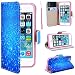 Produktbild SMART LEGEND Lederhülle für iPhone 5 5S SE Ledertasche Hülle Muster Schutzhülle Premium PU Leder mit Handschlaufe Flip Wallet Case Protective Cover Innere Weiche Silikon Bookcase Handy Tasche Schale mit Kartenfächer Magnetverschluß Standfunktion Etui - Blau Glitzer