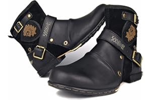 LOKTCH TRYNIS Round Toe Vintage Metallschnalle PU Herren Ritterstiefel/Westernstiefel mit seitlichem Reißverschluss/Martin Stiefel Frühling Herbst Wandern Mittelalter Stiefel Bequeme Oxford-Boden A 48