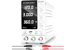RUZIZAO Alimentation de Laboratoire 120V 3A, Alimentation Stabilisée DC Réglable avec Affichage LED à 4 Chiffres et Interrupteur de Sortie, Alimentation de Banc de Laboratoire avec Port USB 5V/2A