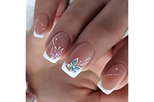 Irikdescia 24 sztuki francuskich paznokci, krótkie, kwadratowe, sztuczne paznokcie, klej do galaretki, wielokrotnego użytku, do dekoracji paznokci "zrób to sam" (biała krawędź motyla)