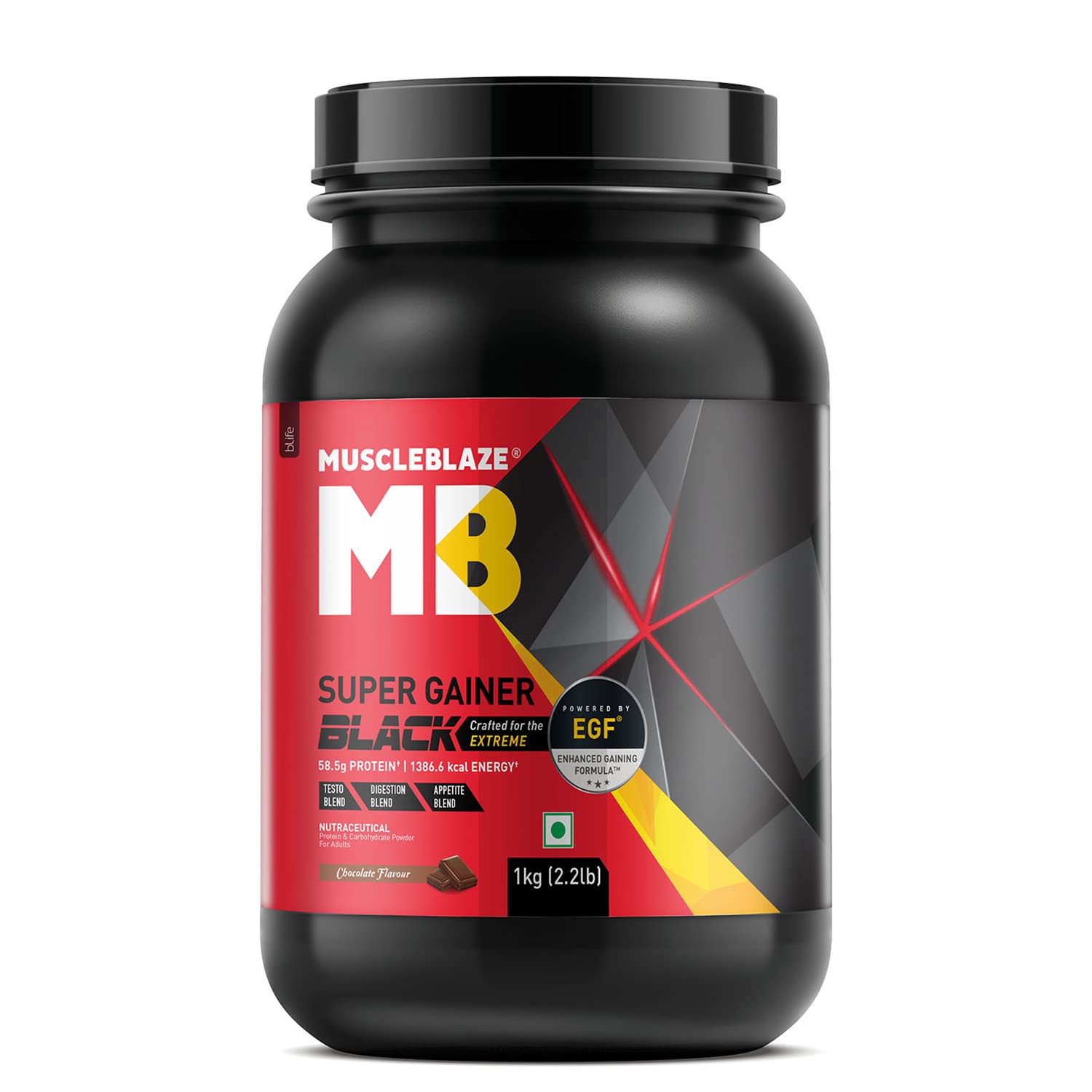 MuscleBlaze Super Gainer Black (Chocolate, 1 kg / 2.2 lb Powder)with Enhanced Gaining Formula- Appetite, Digestion & Testo Bl