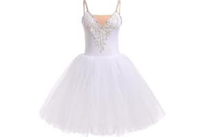 IDOPIP Women's Ballet Tutu Skirt Embroidery Lace Sparkling Sequins Swan Lake Costume Sleeveless Leotard Dance Dress