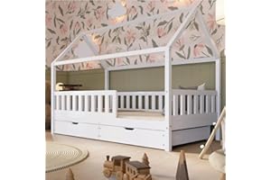 Crazy Pine Letto Casetta con Cassetti 200x100cm – Legno Bianco con Barriera – Design Scandinavo Letto Montessori a Pavimento con Piedini Regolabili in Altezza - Crazy Blanco
