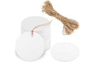 HEMIKS 50 Stück Geschenkanhänger, Kraftpapier Anhänger Weiße, 5,5 cm Runde Etiketten Anhänger mit 10 m Juteschnur für Hochzeit Partygeschenk Preis Basteln