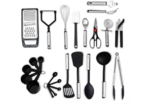SJ TRADERS 25 Pcs Kitchen Utensils Set, Novelty Gifts for Her, Silicone Cooking Utensils, Nonstick & Heat Resistant Kitchen Gadgets, Stainless Steel Kitchen Accessories (Black Stainless Steel Set, 25)