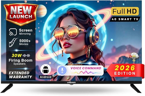 Uniboom_Optima Series102 cm (40 inch)HD Smart LED TV | Android TV with Voice Command App |5000+ Free Movies |30W Sonic Boom Speakers| 500+ Certified Apps |Mobil