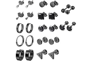 QincLing 12 Paar Herren Ohrringe Edelstahl Schwarz Titan Punk Kreuz Piercing Ohrstecker Runde Coole Creolen Baumeln für Männer Jungen
