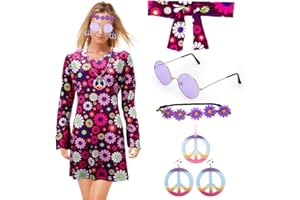 FARYODI Costume da hippie retrò da donna – Vestito anni '70, collana, orecchini e occhiali da sole in stile discoteca, perfetto per feste anni '61, Halloween o altri eventi retrò…
