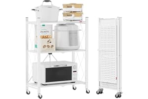 DEANIC Folding Storage Shelves,3 Tiers Metal Shelving Units for Storage 61x85x28 CM, Corner Kitchen Shelves on Wheels,Pantry Shelves,Bookcase for Living room White