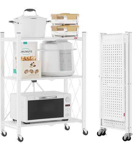 Étagère Pliante à Roulettes 3 étages - Rangement Métal Blanc - Pour Cuisine, Bureau, Salon - Charge 50 Kg/étage - 5