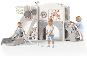 STYPLZ Scivolo per bambini 10 in 1, scivolo per bambini da interno ed esterno con canestro da grande con cestino da basket, telaio da arrampicata per giardino, telescopio, spazio di archiviazione