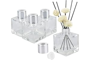 EMAGEREN Difusor Botella, 4 Pcs Botellas Cuadradas de Cristal 50ml Botellas de Vidrio para Difusores con Tapa de Color Planta Botellas de Aceites Esenciales Transparente Botella Difusor de Aromas