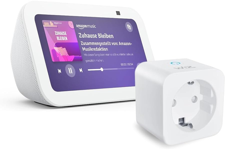 Echo Show 5 (Neueste Generation) | Weiß + WiZ Smart Plug, Funktionert mit Alexa - Smart Home-Einsteigerpaket