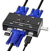 TCNEWCL 2 Port KVM Switch VGA mit 2-in-1 Kabel, VGA USB KVM Switcher 2 PCs 1 Monitor, mit 3 USB 2.0 Schnittstellen für Tastat