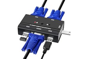 TCNEWCL 2 Port KVM Switch VGA mit 2-in-1 Kabel, VGA USB KVM Switcher 2 PCs 1 Monitor, mit 3 USB 2.0 Schnittstellen für Tastatur, Maus, Drucker, U-Laufwerk, unterstützung 1080P Full-HD