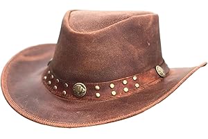 JFASTO LEATHER Men's Vintage Real Leather Australian Western Style Bullring Conchos Cowboy Outback Braided Band Shapeable Wide Brim Hat