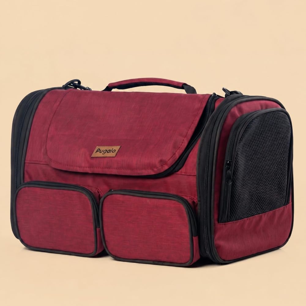 Pugalo FlyComfort Kedi Köpek Taşıma Çantası, Naylon, 40x30x35 cm, Kabin Boy, Uçak Uyumlu, Yırtılmaz File (Bordo)