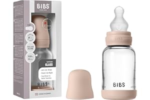 BIBS Baby Glass Bottle. Anticólicos. Tetina redonda de Silicona. Favorece la lactancia natural, 120ml, Complete Set - Blush