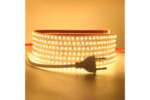 HEGEHE Conexión a AC220-240V Tira de LED,120LEDs/m SMD2835 Flexible Superbright Tira de luz LED cadena de luz de cuerda Autoadhesiva con enchufe para Navidad（2m, Blanco Cálido）